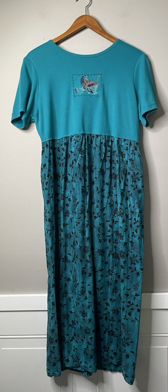 Teddi Boutique Teal Butterfly Embroidered Midi Dress Women’s Medium Short Sleeve